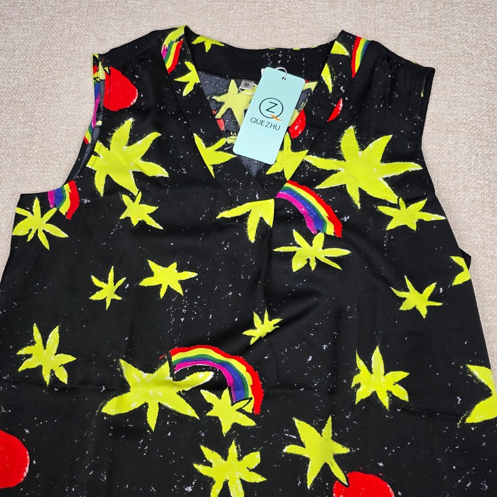 Que Zhu Womens Black Neon Star Rainbow Print Sleeveless V-Neck Blouse Top Size M